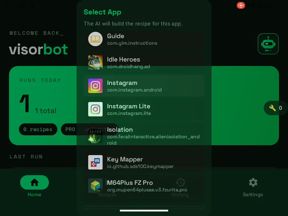 Selecting which game the VisorBot AI should build an automation for
