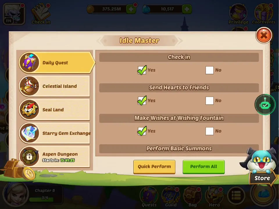 An AI-built VisorBot recipe running the Idle Heroes Idle Master daily quest panel