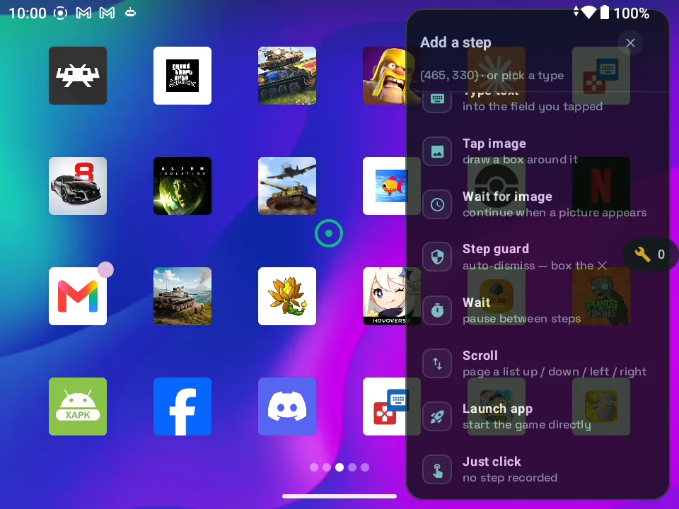 The Add a step menu listing every VisorBot step type: tap, tap text, wait until, type text, tap image, wait for image, step guard, wait, scroll and launch app