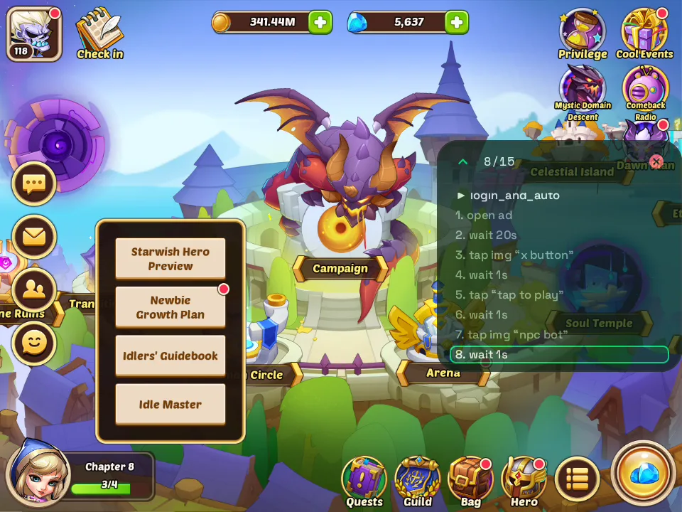 A VisorBot recipe replaying with a live step feed over the game