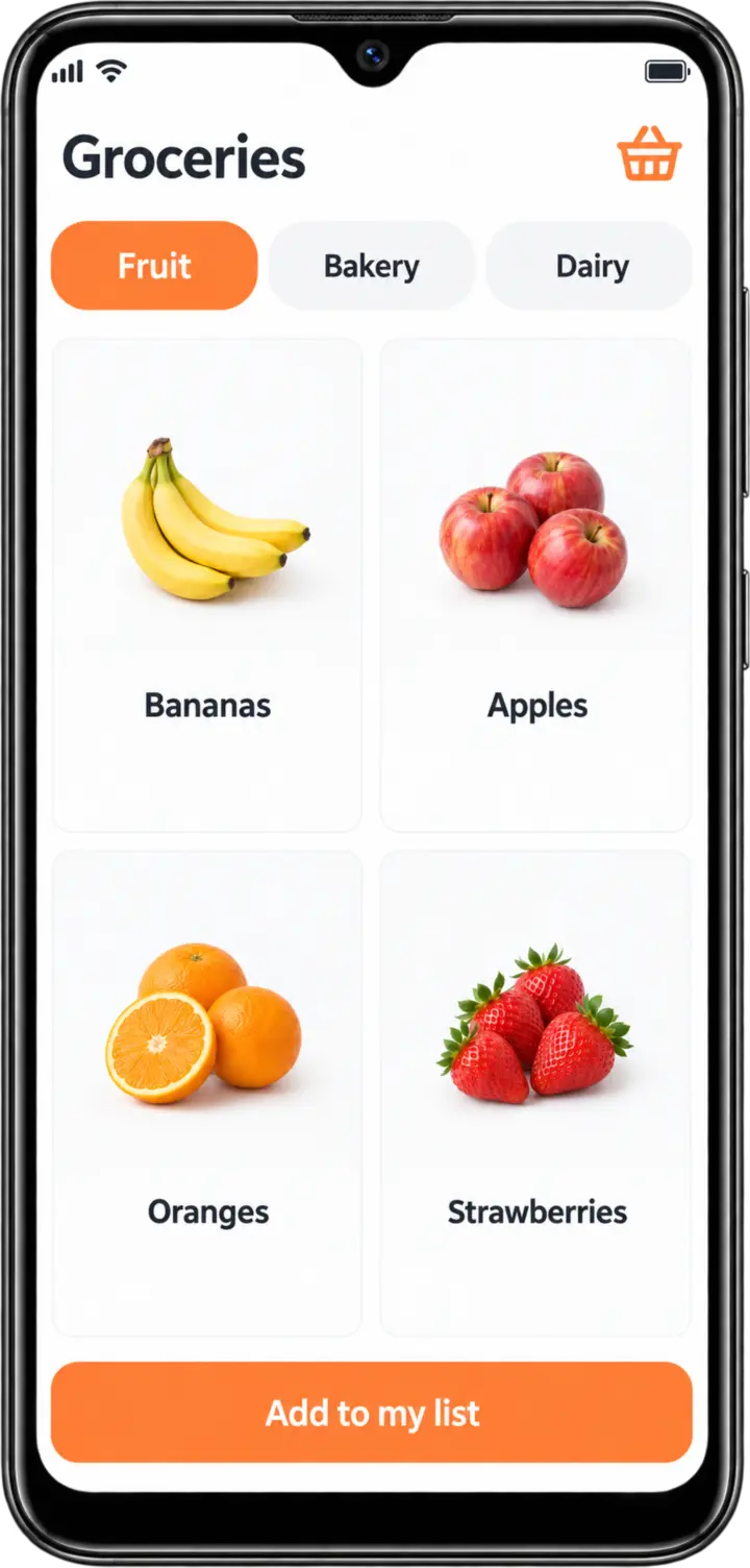 A groceries app. VisorBot marks the words it read and the pictures it recognised
