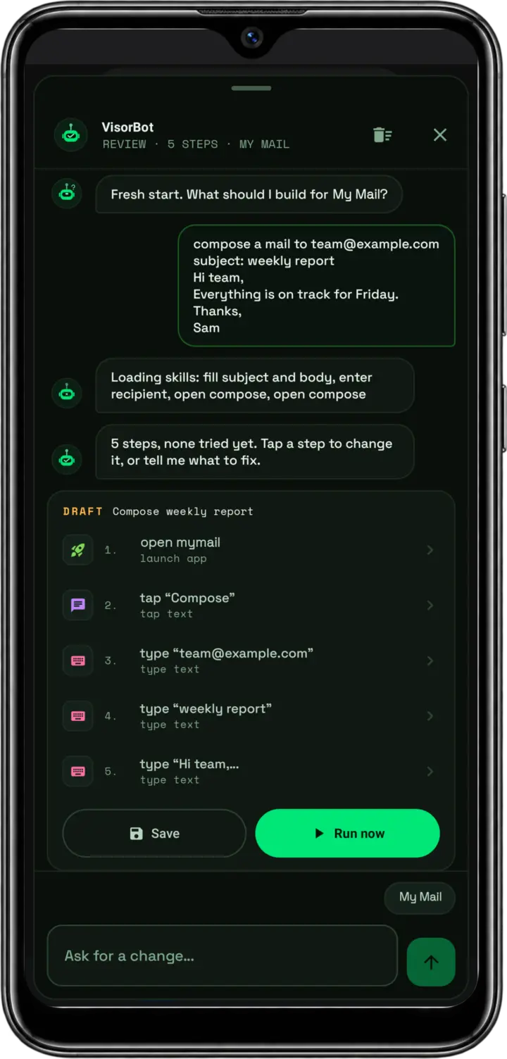 VisorBot chat with a drafted recipe: five steps, Save and Run now